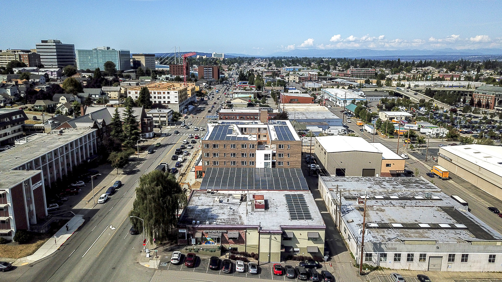 Drone photograph of HopeWorks Station North and downtown Everett, Washington.